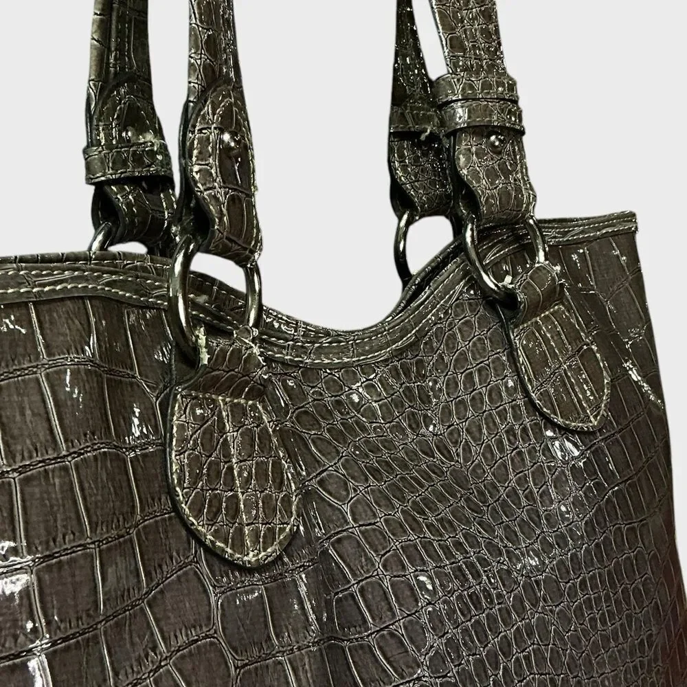 Nine West Croc Embossed Patent Tote Shoulder Bag Brown Glossy Faux Leather